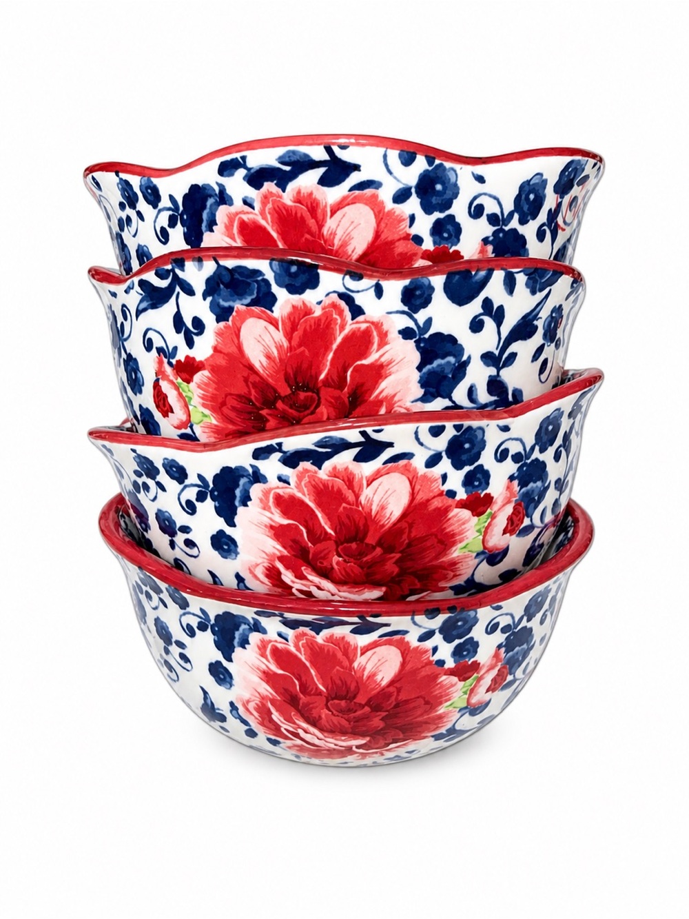 The Pioneer Woman Blue Floral Ceramic Bowl with Red Rim set of 4
